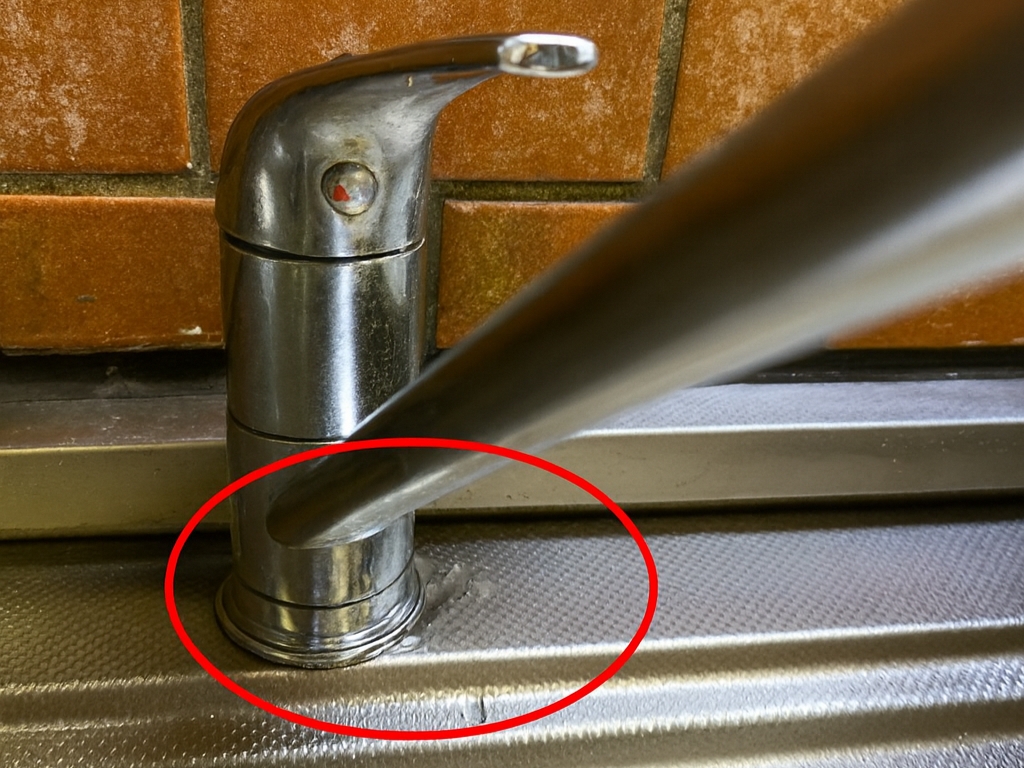 鶴ヶ島市で施工したキッチン蛇口の根元からの水漏れトラブル。経年劣化によるパッキン不良の修理前の状態を示す画像。